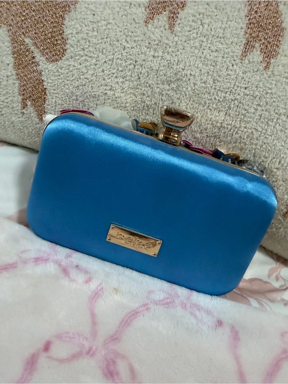 bebe Blue Floral Appliqué Evening Clutch